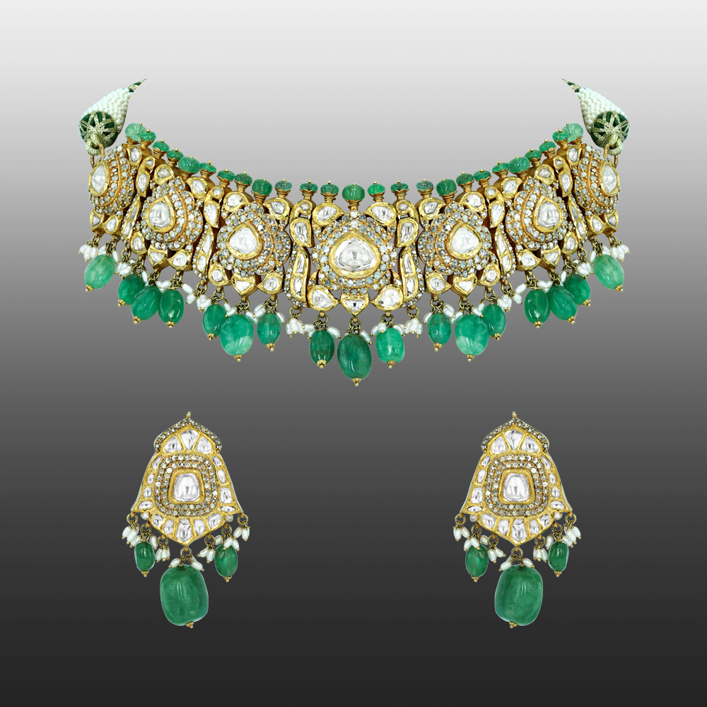 Victorian Rose-Cut Diamond Choker Set with Emerald Beads